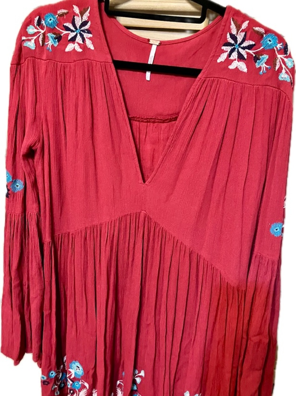 Free People Crimson Red Embroidered V-Neck Tunic/Mini
